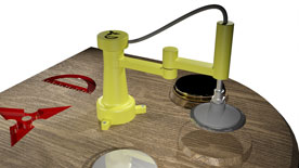 Yellow Robotic Arm on Wooden Table Lifting Metal Disc