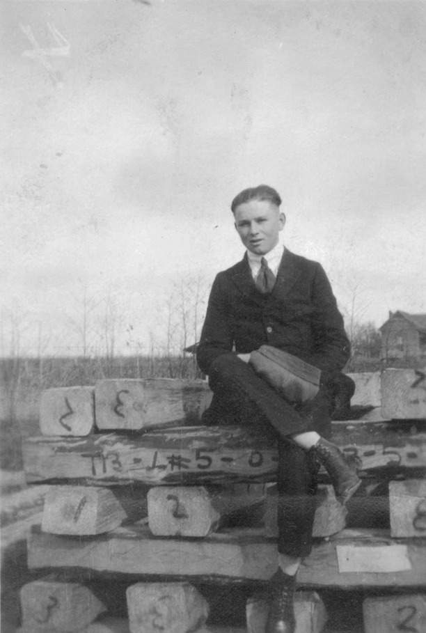 Photo restoration of a picture with a young school boy sitting on top of logs