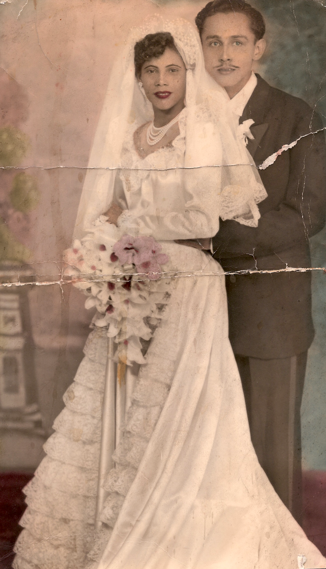 Photo restoration of an old wedding photo. Bride and groom.