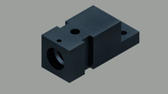 casing. 3D render, shiny black metal part on light grey background.