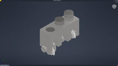 screenshot of a viewing window for Autodesk Inventor, it shows an engine model from an Orthographic birds-eye view, made of mostly a dull grey material with some other metal parts accenting it