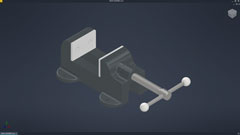 screenshot of a viewing window for Autodesk Inventor, shows a machine Vise from an Orthographic birds-eye view, made of mostly a shiny black material with some other metal parts accenting it