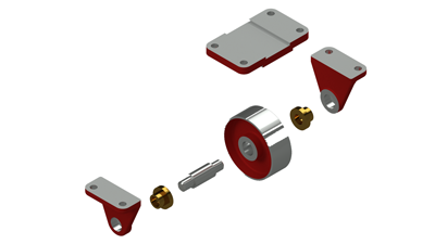 AutoCAD 3D render of exploded view of caster assembly.